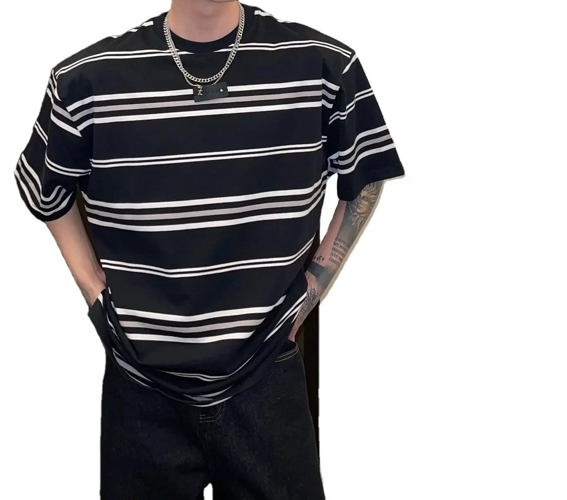 黒と白のストライプ半袖Tシャツメンズルーズコットンヘビーサマー韓国カジュアルハーフスリーブ
