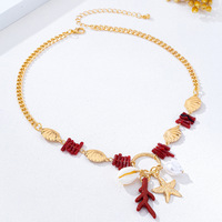Collier de plage style resort à thème océanique avec étoiles de mer, coquillages et chaîne en alliage de corail rouge, accessoire d'été pour femme