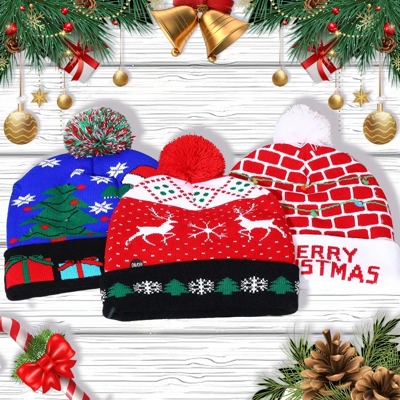 2023 LED Christmas Hat Sweater Knitted Beanie Christmas Light Up Knitted Hat Christmas Winter Cap
