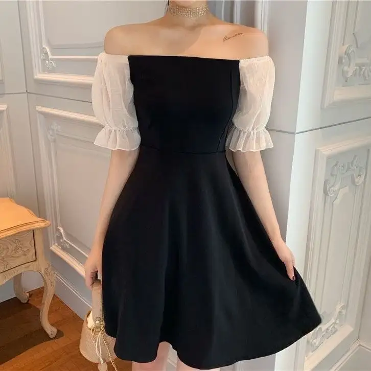 Korean version women's dresses puff chiffon short sleeve off shoulder summer A-line elegant solid color slim sweet casual dress