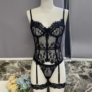Nouvel <span class=keywords><strong>ensemble</strong></span> de lingerie féminine sexy et respirant en dentelle ajourée effet arête de poisson, contrôle léger, transparent - Product Image 4