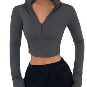 Camiseta de Manga Larga con Cierre de Cremallera y Cuello Medio Abierto, Estilo Informal, para Mujer, Nueva Colección Otoño Invierno - Product Image 1