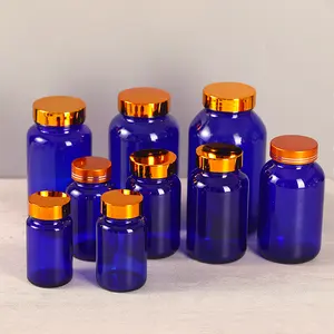 زجاجة حبوب طبية كبسولات زجاج أزرق اللون بغطاء من الكوبالت درجة غذائية 60CC 75CC 100CC 125CC 150CC 200CC 250CC 300CC 400CC 500CC