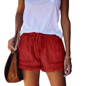 Short en jean élastique taille haute décontracté pour femmes avec ourlet effiloché et poches motif court chaud coupe ample - Product Image 5