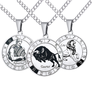 Collier <span class=keywords><strong>pendentif</strong></span> rond en acier inoxydable vintage avec 12 signes du zodiaque (<span class=keywords><strong>lion</strong></span>) pour hommes et femmes, vente en gros ODM - Product Image 3