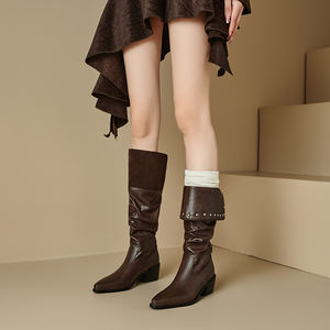 <span class=keywords><strong>Bottes</strong></span> hautes pour femmes, <span class=keywords><strong>bottes</strong></span> de chevalier mi-hautes, automne, à enfiler, en PU, talon haut, avec rivets <span class=keywords><strong>fins</strong></span> pointus, tendance - Product Image 2