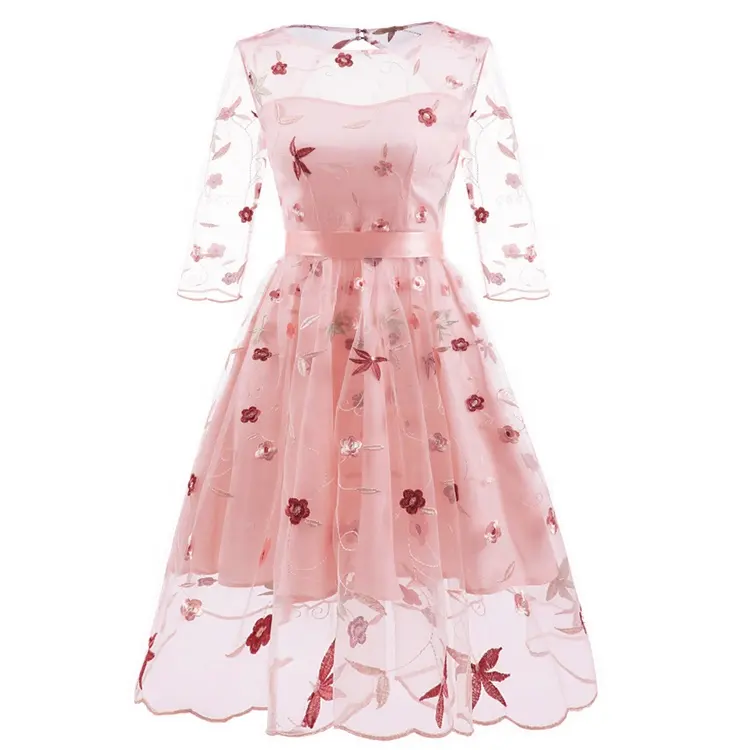Women's Long Dress Hollow Hand-embroidered Flower Pattern With Belt Open Back Transparent Tulle Pink Evening Dress