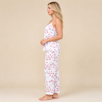 Ensemble de pyjama pour femmes en polyester à imprimé feuilles roses, romantique, été, automne, printemps, camisole et pantalon long, vêtements de détente, vente en gros, OEM personnalisé