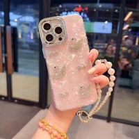 Coque de téléphone de luxe coréenne pour femme avec strass, cygne, papillon, nœud papillon et chaîne de perles pour iPhone 17 Pro Max, 16, 15, 14 Plus, 13