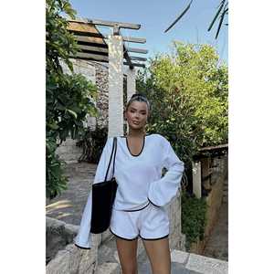 Lady's White <b>100</b>% <b>Linen</b> 2-Piece Shorts Set Waffle <b>Fabric</b> Striped Top Sports Shorts Loose Fit Knee Length Sporty for Home Use - Product Image 1