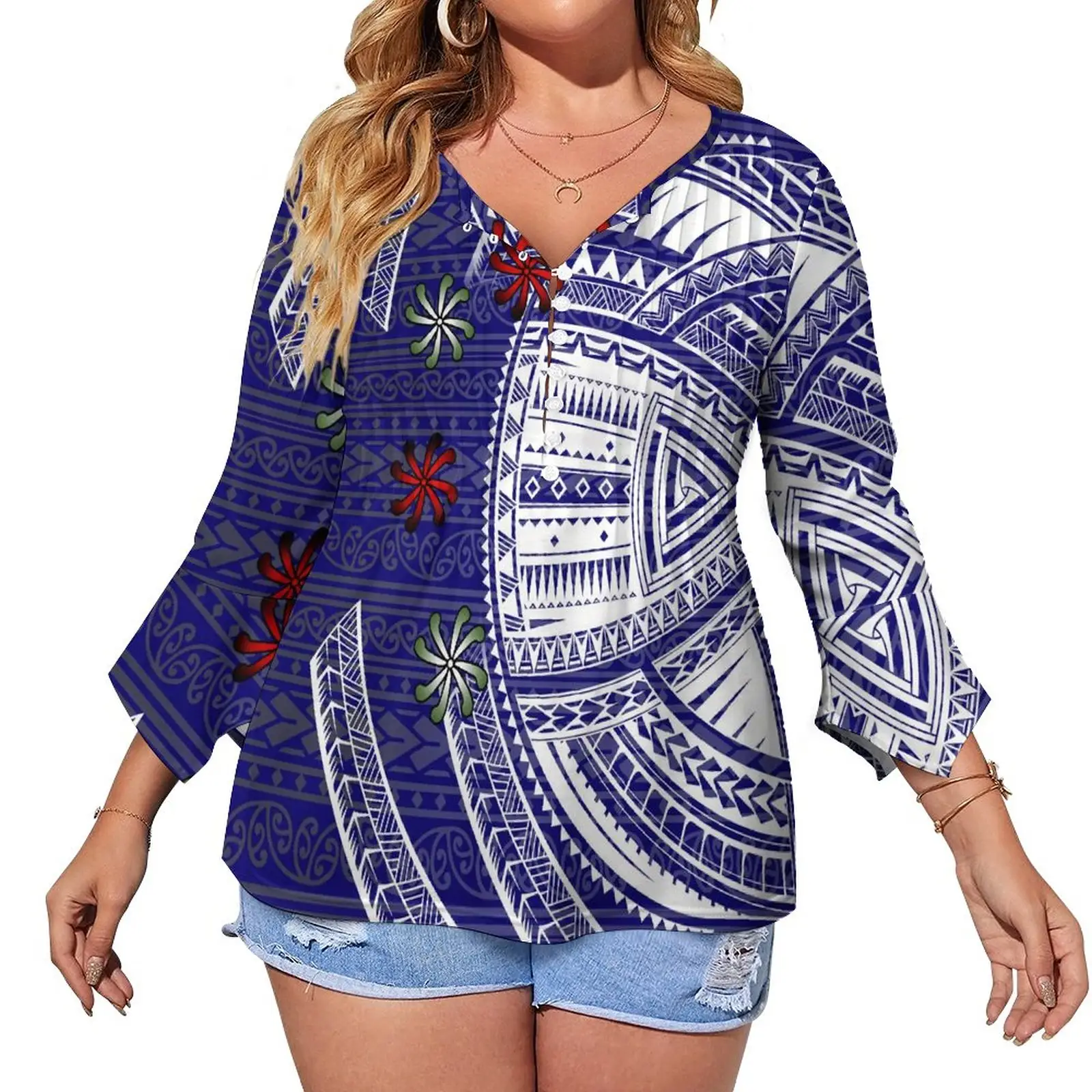 Mùa Thu Mới Polynesian Tribal Thiết Kế Womens Tops Tee Tùy Chỉnh Crew Cổ 3/4 Tay Áo Phụ Nữ Áo Cánh Cộng Với Kích Thước T-Shirts Cho Phụ Nữ