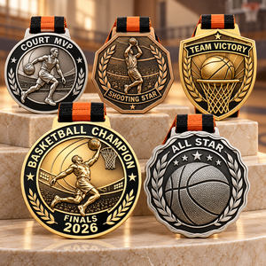 เหรียญรางวัลบาสเกตบอลแบบกำหนดเอง พร้อมดีไซน์ MVP นักกีฬาที่ทำดังกับการดังก์ และออลสตาร์ สำหรับรางวัลในการแข่งขัน พร้อมริบบิ้นพิมพ์ลาย - Product Image 1