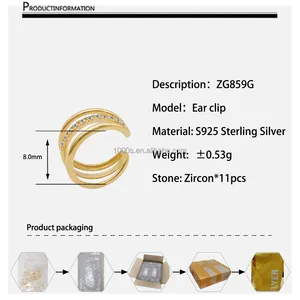 925 sterling Silver Gold Plated Zircon cổ điển không có piercing ear Clip đồ trang sức mỹ tùy chỉnh bán buôn thương mại đảm bảo