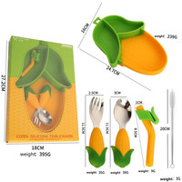 Usine en gros mignon maïs bébé Silicone couverts ensemble paille bavoir fourchette cuillère sans BPA enfant en bas âge Support personnalisation