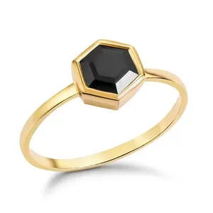 925 Sterling Silver Gold Hexagon Ring with 6mm Faceted Black Onyx