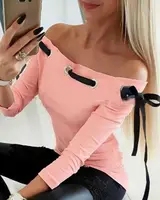 여성 오프 숄더 리본 레이스 업 티셔츠 가을 새로운 패션 슬래시 넥 긴 소매 작은 구멍 Bowknot 기본 섹시한 레이디 탑