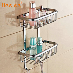 Beelee Brass Double Layer <strong>Bathroom</strong> Shower Rack Solid Brass 2 Tier Shower <strong>Corner</strong> Basket Shelf Hanging Shower <strong>Caddy</strong> with 2 Hooks - Product Image 2