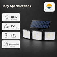 Lampe murale solaire pour patio et jardin, à panneau plat, 3 têtes, 400LM, 180 LED, capteur PIR, contrôle de la lumière, IP65, étanche, ABS, montage mural