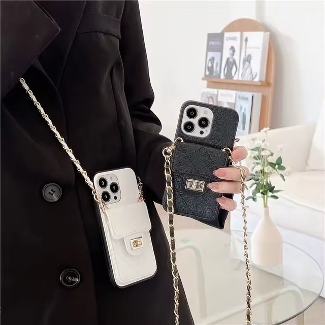 Plaid Pattern Card Holder Credit Card Wallet Phone Cover Body Diagonal Chain Case for iPhone 15 14 13 12 11 Pro Max Plus