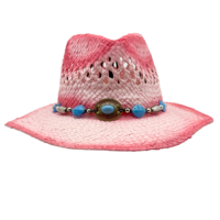 Chapeau de cowboy en paille rose dégradé ajouré en gros |   Chapeaux de fête personnalisés en perles turquoise pour adultes, pour la plage, le soleil, les festivals et les soirées