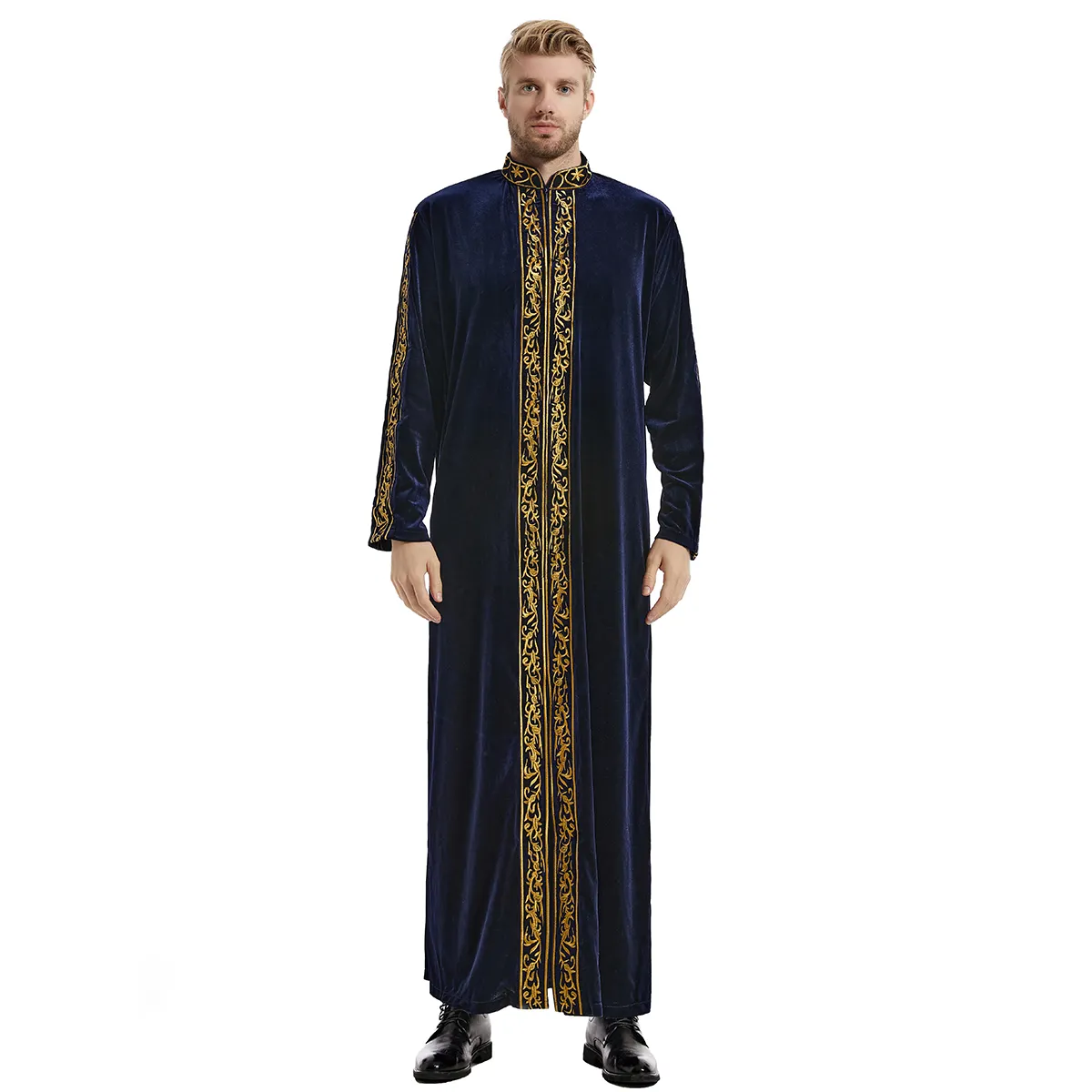 남자의 이슬람 드레스 긴 소매 가운 긴 사우디 아랍 토브 이슬람 이슬람 두바이 가운 자수 디자인 의류
