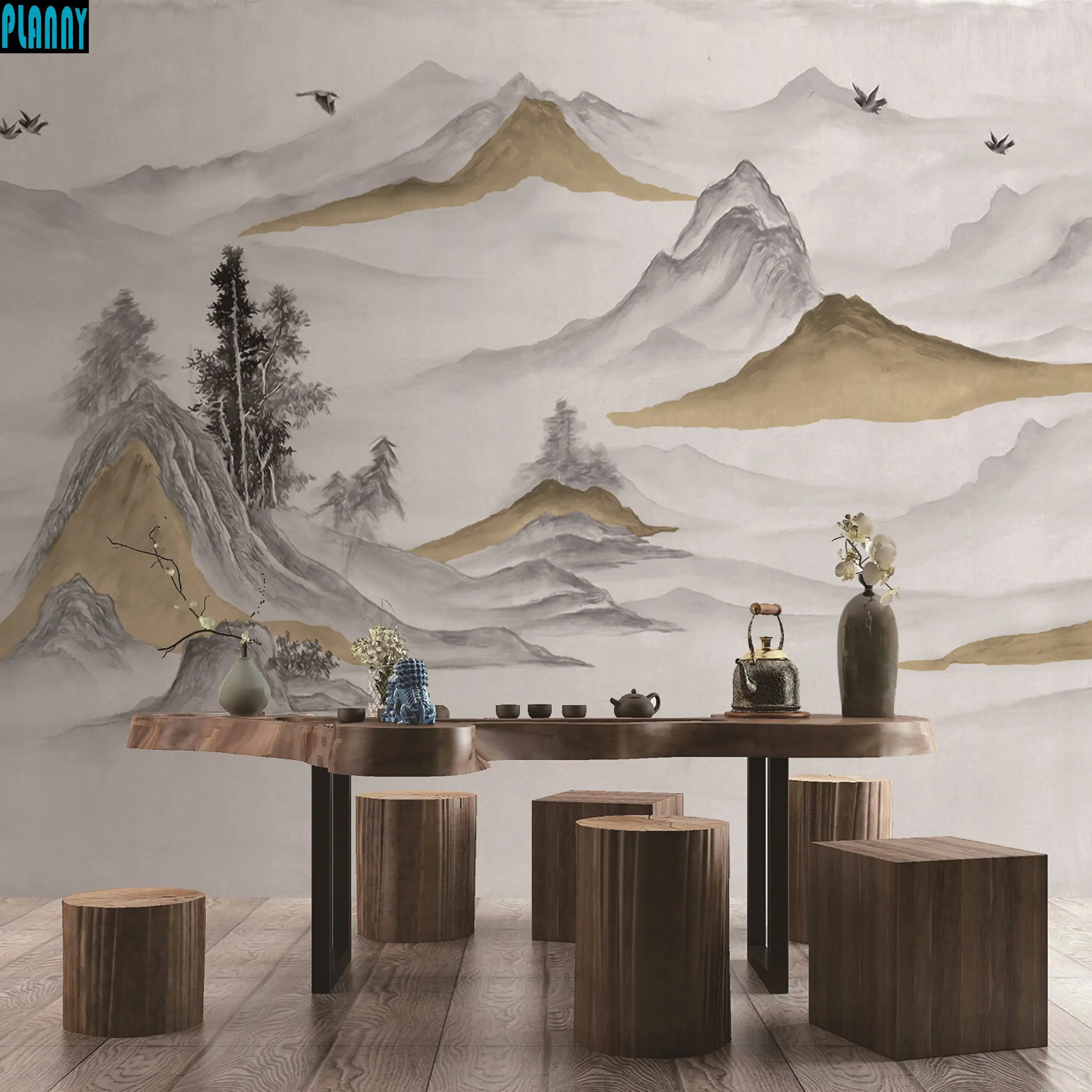 Chinese style landscape painting customized mural mountain trees birds non woven paper wallpaper for living room office hotel