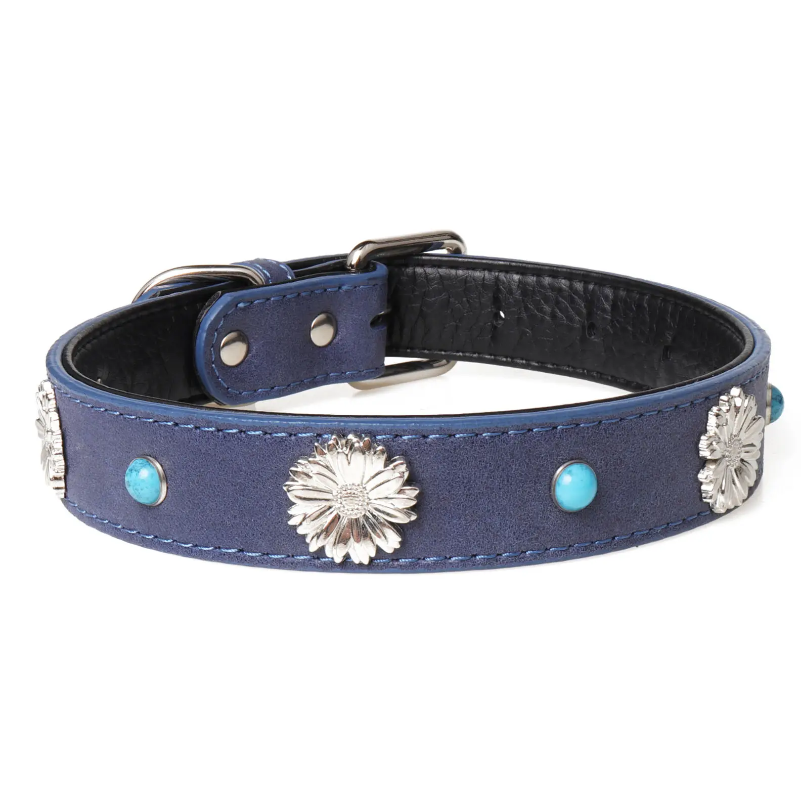 Groothandel Vlok Charme Blauwe Vagan Kralen Lederen Hond Halsband