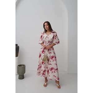 Vestido Rojo Floral con Cinturón y Cuello Peter Pan, Estilo Línea A, Tejido, Informal, Transpirable, para Uso Diario, Venta al Por Mayor - Product Image 5