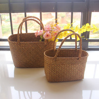 Panier de sac à main tissé aux algues, sac à main tissé à l'herbe florale pour plantes de jardin, panier cadeau à fleurs