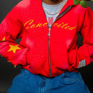 Sweat à capuche zippé en strass, 100% coton de haute qualité, effet délavé et vieilli, style streetwear, coupe oversize, <span class=keywords><strong>noir</strong></span>, personnalisable - Product Image 4