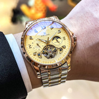 AOKULASIC Montre mécanique semi-automatique à grand cadran de style européen et américain avec phase de lune et montre multifonction pour homme