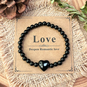 Romantique Coeur Charme Bijoux À La Main Femmes 6mm Noir Obsidienne Perle Bouclier D'énergie Manifestation <span class=keywords><strong>Bracelet</strong></span> pour la Saint Valentin - Product Image 1