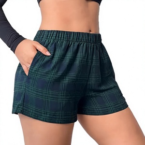 Women's High Waist Plaid Knitted Shorts With Pockets Breathable Elastic Waist Loose Fit Casual Sporty Style - Product Image 1