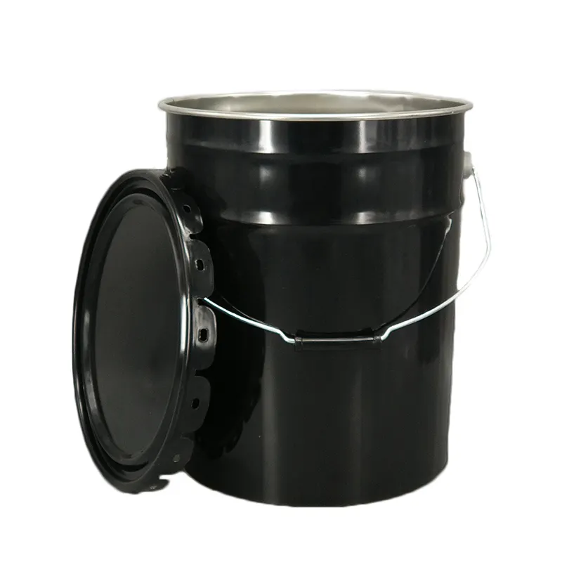 अच्छी कीमत वाली काली पेल ड्रम, संयुक्त राष्ट्र द्वारा अनुमोदित धातु कस्टम रासायनिक पेंट पेल 5 गैलन 18 लीटर पेल बाल्टी फूलों के कवर के साथ