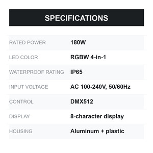 ไฟพาร์ LED IP65กันน้ำ vLite 4-in-1 RGBW ควบคุมการ DMX512 180W 80lm/w 5000K CCT 50000ชั่วโมง8ตัวอักษรสำหรับเวที - Product Image 4