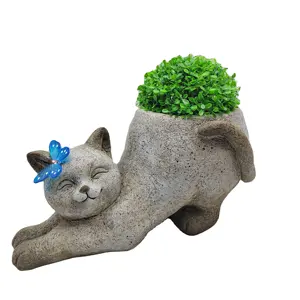 Animal Flower Pot Stone Color Cat Statue Cat Flower Pots For Garden Decor