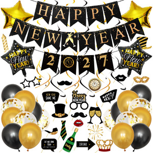 Joyeux Nouvel An 2027 – Ballons de fête d'<span class=keywords><strong>anniversaire</strong></span> 12 pouces, Pompons en papier et spirales en latex imprimés or et noir – Décoration de réveillon de Noël - Product Image 6