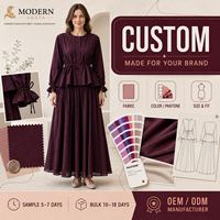 Ensemble deux pièces modeste en coton et lin pour femme, chemisier peplum ceinturé et jupe longue bordeaux, fabricant de vêtements sur mesure