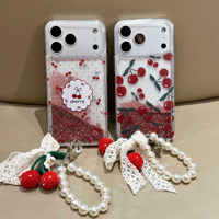 Casing HP INS Creative Design Cute Cherry Liquid Quicksand dengan Tali Gantungan untuk iPhone 17 16 ProMax 15, Anti Benturan
