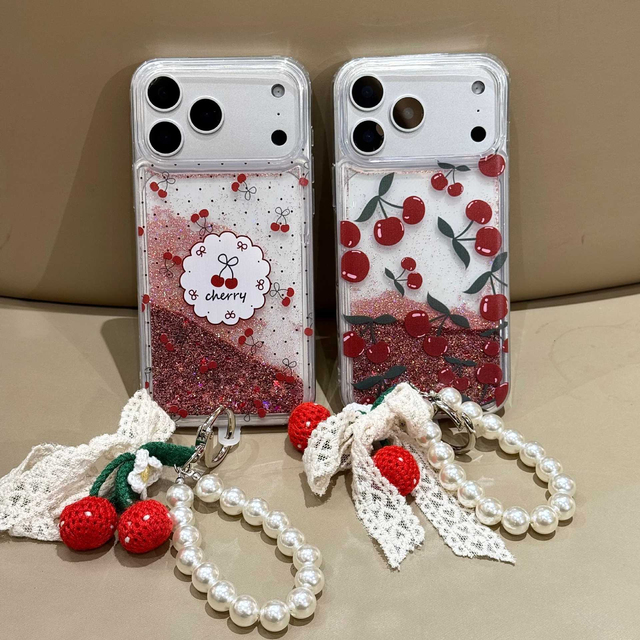 INS Creative Design Cute  Cherry Liquid Quicksand Phone case With Phone Lanyard for iPhone 17 16 ProMax 15 Shockproof Cover