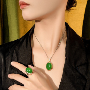 Oval 15*20-13*16mm Zircon Rings and Necklace <b>Copper</b> Gold Plated Imitation Paraiba Tourmaline retro hypoallergenic jewellery set - Product Image 2