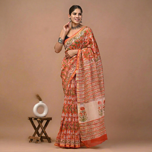 Sari de Seda Chanderi India Premium con Estampado Artesanal, Tradicional, Elegante, para Mujer, Diseño de Alta Costura, para Bodas, Playa, Diwali - Product Image 1