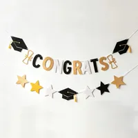 Spanduk Cetak Ramah Lingkungan Warna Hitam Kuning untuk Musim Wisuda, Dekorasi Latar Belakang Topi Doktor dan Hiasan Bunting