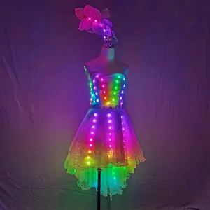 Full Color LED Lighting Tutu Skirt Sexy Micro Mini Skirts Night Club Lace Gown Trailing Skirt Court Dance Cosplay Ballet Costume