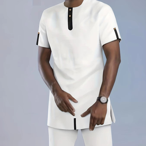 Abbigliamento africano per gli uomini Set 2024 maniche corte con bottone Top e Casual blu abito bianco abiti 2 pezzi <span class=keywords><strong>uomo</strong></span> Dashiki - Product Image 1