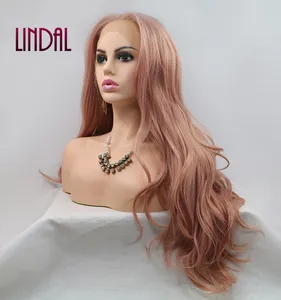 LINDAL Pink Long Wavy Peach Pink Mermaid Synthetic Lace Front Wig Golden Pink 13 * 3 Lace Wigs Heat Resistant Fiber Wig