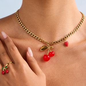 스테인레스 스틸 쿠바 링크 체인 초커 체리 매력 목걸이 세트 여성용 쥬얼리 칼라 드 Cerezas Para Mujer - Product Image 1