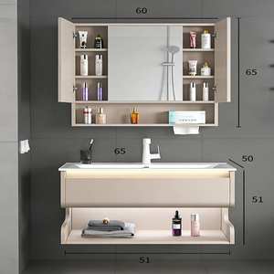 Meuble de salle de bain mural de style moderne blanc laiteux pour hôtel avec miroir éclairé par LED tactile - Product Image 5