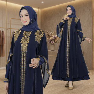 Elegante Abaya Azul Marino Bordada Antiestática de Poliéster, Manga Larga, Largo hasta el Suelo, Cuello en V, Corte Holgado, Vestido Modesto para Uso Diario - Product Image 3