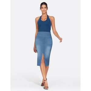 Jupe mi-longue en jean extensible à taille haute pour femme FOXA avec fente avant et poches, silhouette crayon - Product Image 6